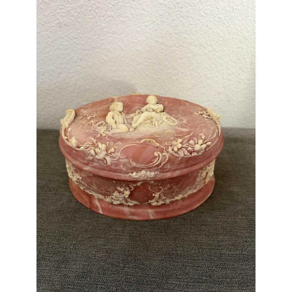 Vintage Incolay Stone Cameo Box Pink Oval Jewelry Trinket Vanity w/hinge 70s USA